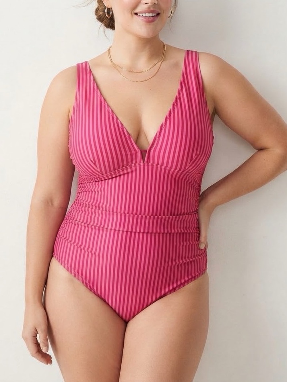 Striped Ruched One-Piece in Pink Size 12 Like New